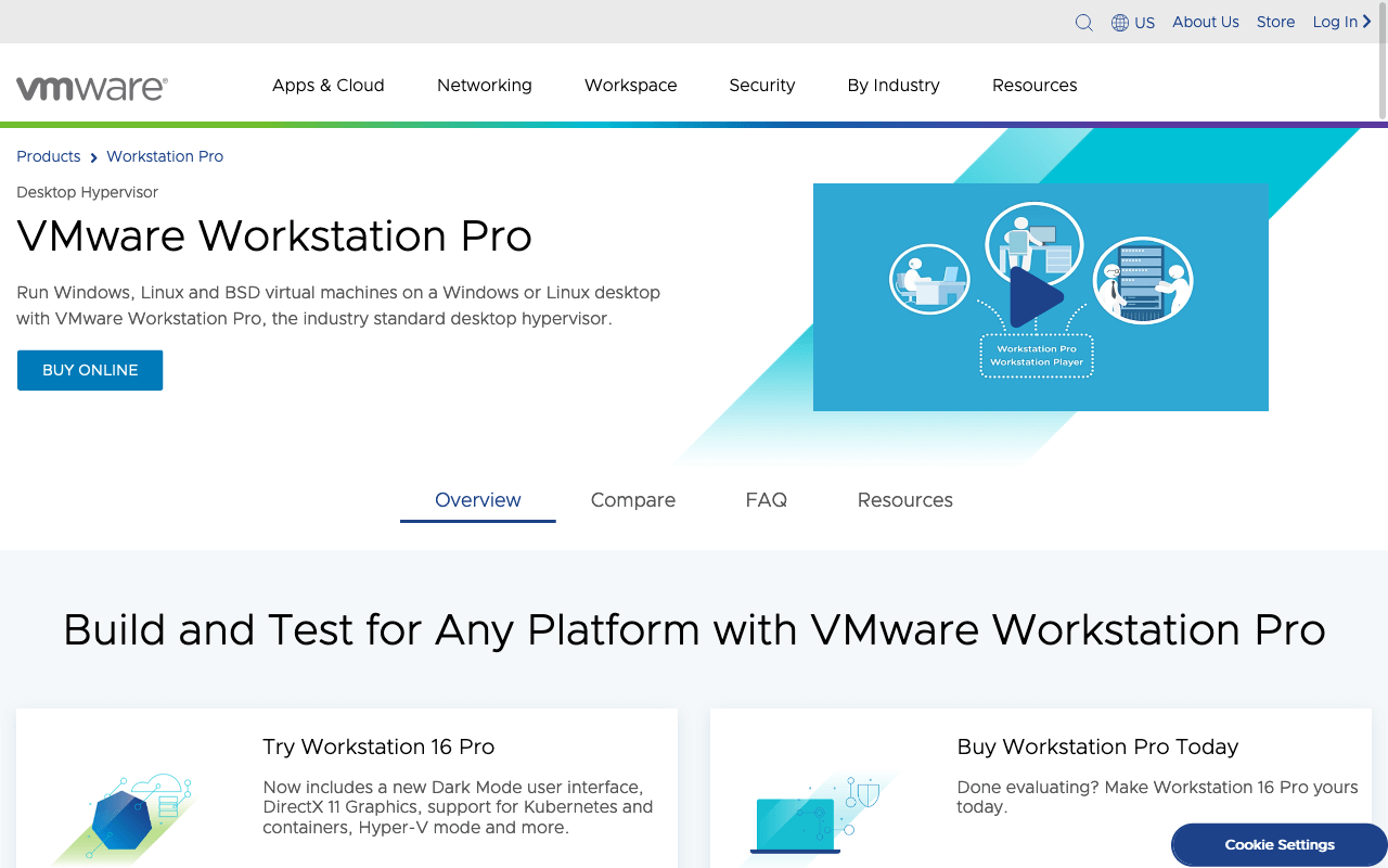 Screenshot der VMware Workstation Pro Website