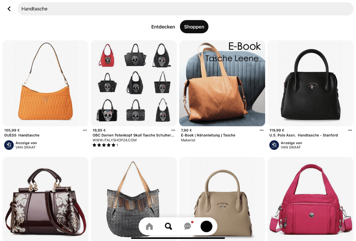 Screenshot von der Pinterest-App mit der Suchanfrage „Handtasche“