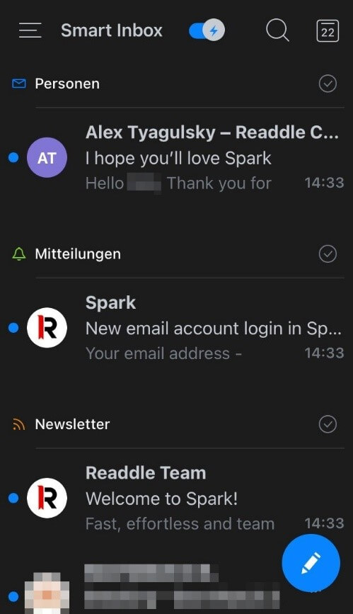Benutzeroberfläche der iOS-Version von Spark
