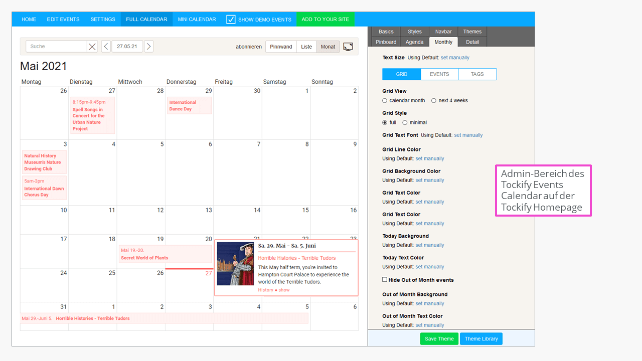 Der Admin-Bereich von Tockify Events Calendar auf der Homepage des Anbieters