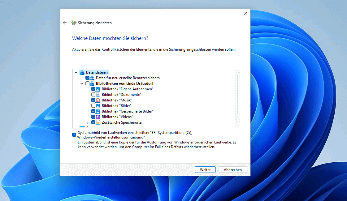 Windows-11-Backup: Auswahl der zu sichernden Dateien