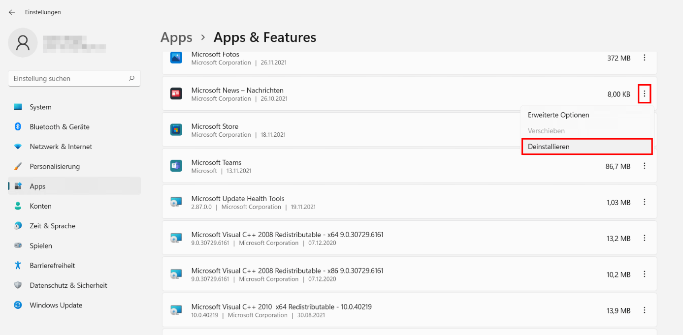 Windows 11: Menü „Apps & Features“ mit der Liste installierter Programme