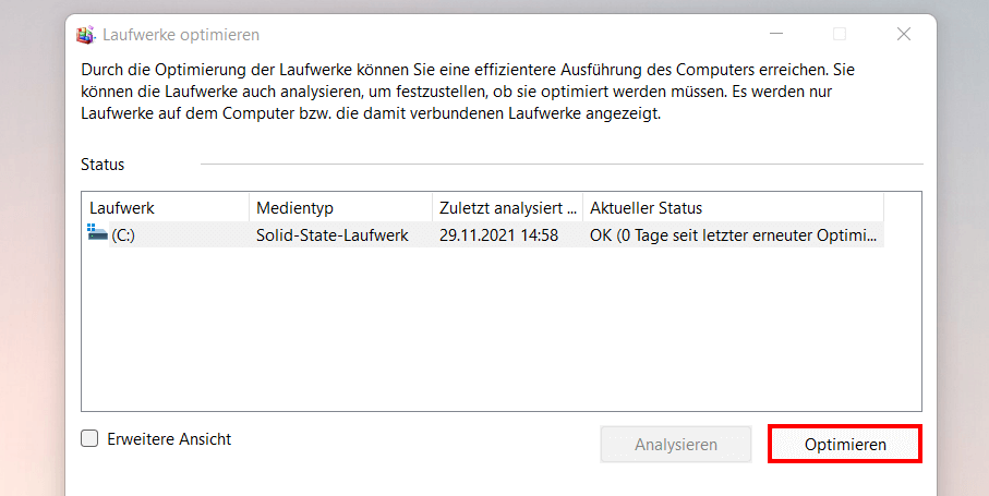 Windows-11-Menü „Laufwerke optimieren“ mit Optionen
