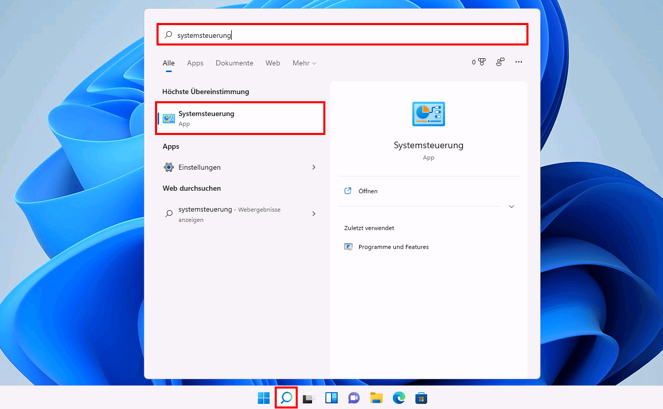 Windows 11: Suche nach „Systemsteuerung“