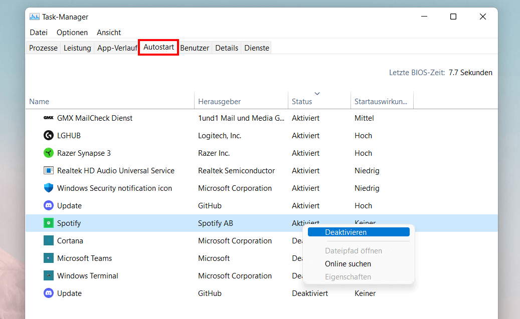 Windows 11 Taskmanager mit dem Reiter „Autostart“
