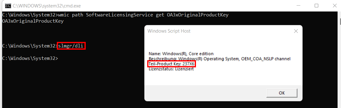 Windows 11: Teil-Product-Key auslesen via Eingabeaufforderung