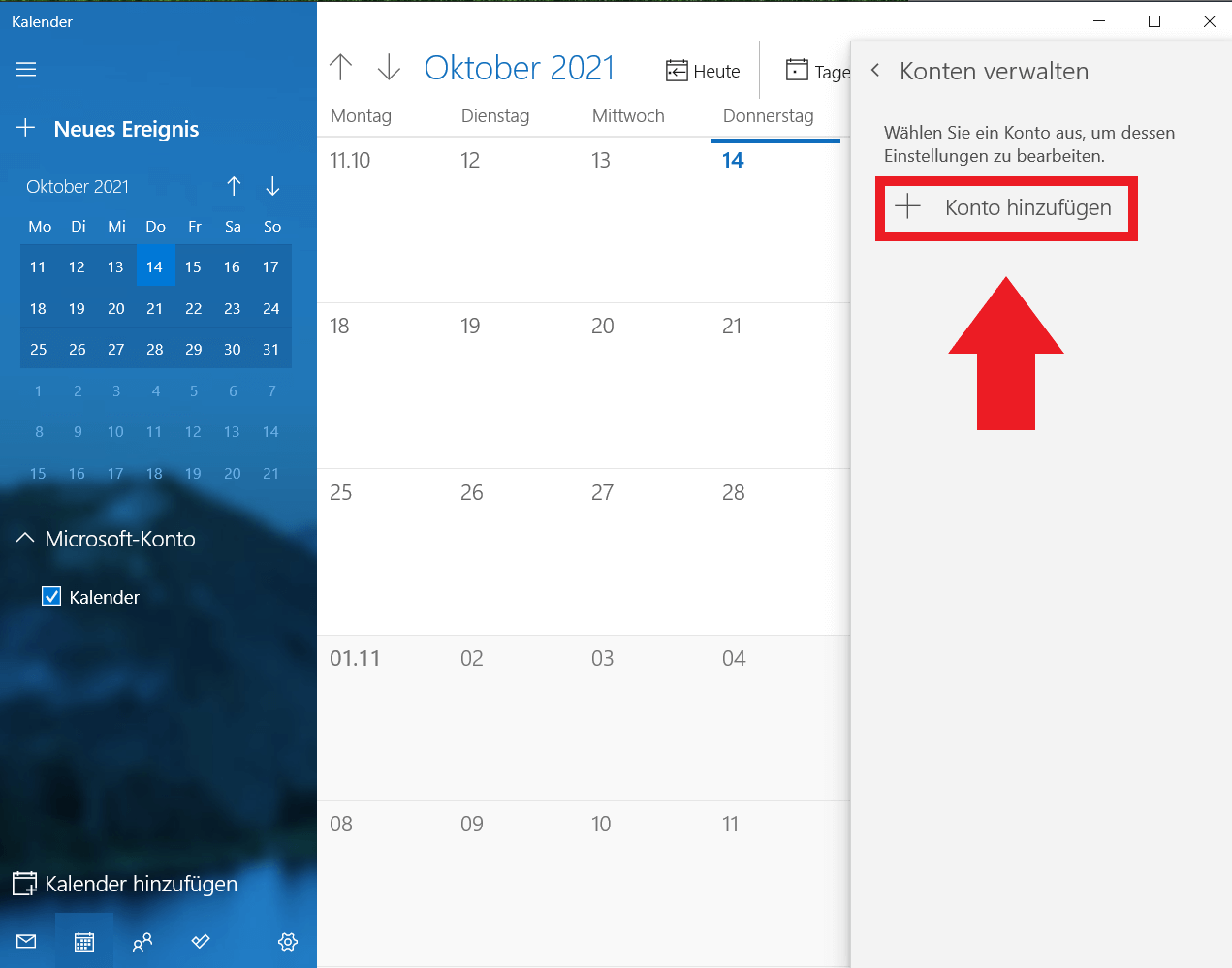 Windows-Kalender: „Konto hinzufügen“