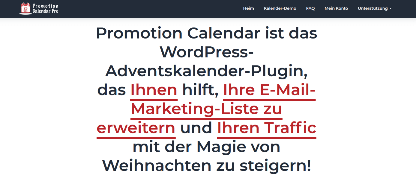 Aus dem Englischen übersetzter Screenshot der Promotion-Calendar-Homepage