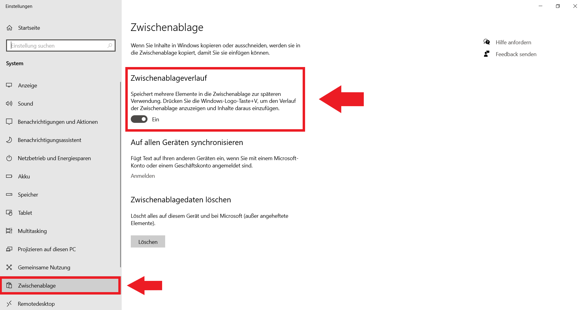 Zwischenablage in den Windows-Einstellungen mit dem „Zwischenablageverlauf“