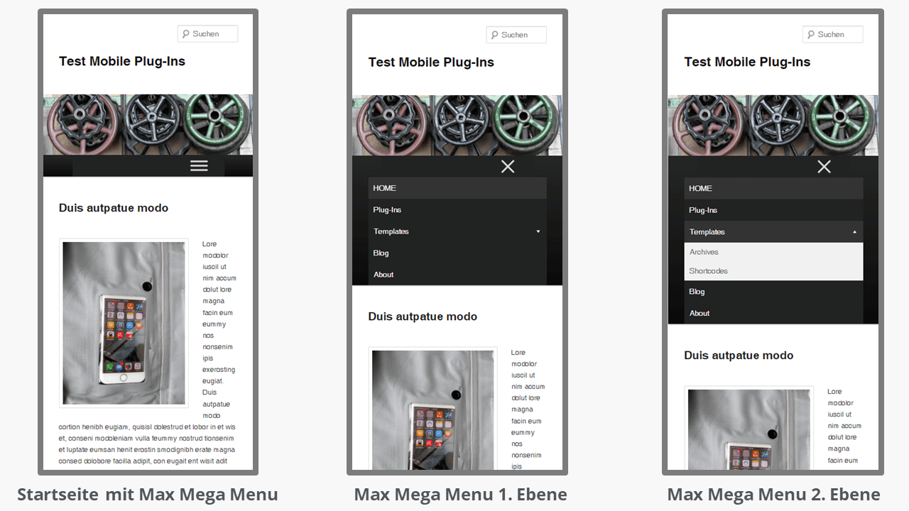 Die Ansicht einer mobilen Webseite mit dem installierten Plugin Max Mega Menu