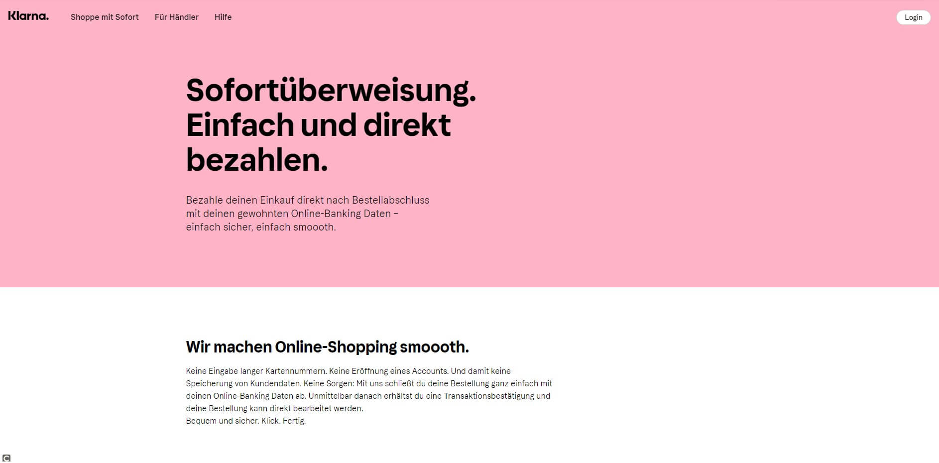 Screenshot der Startseite des Sofort-Dienstes von Klarna