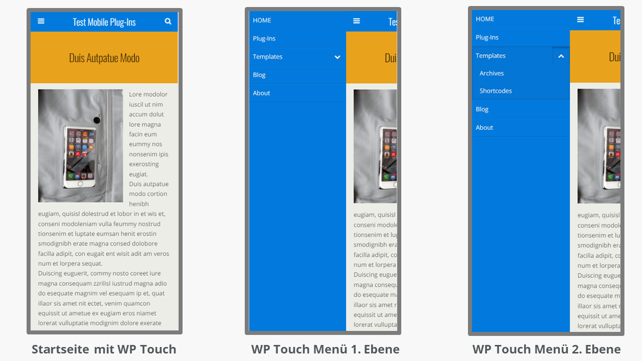 Die mobile Webseite mit installiertem WordPress-Plugin WPtouch
