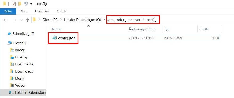 Arma Reforger: Server-Verzeichnis mit erstelltem „config“-Ordner