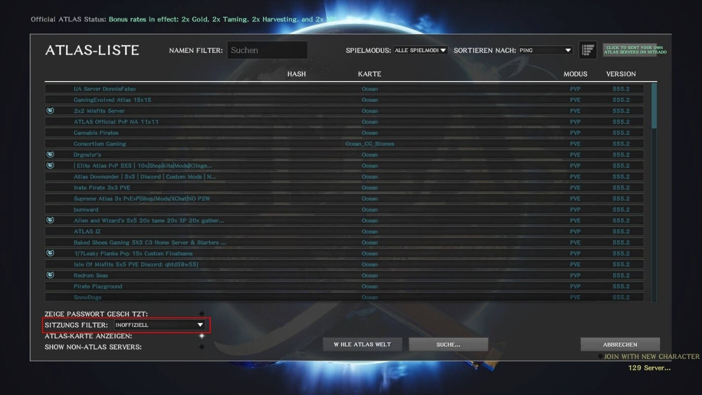 ATLAS-Serverliste, aus der beim Starten des Spiels der eigene Server ausgewählt werden kann