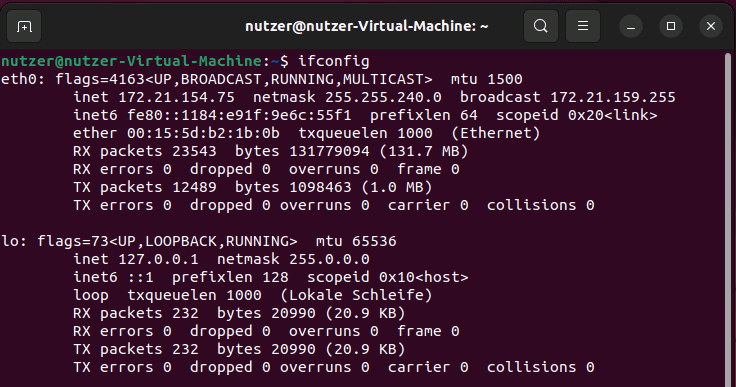Screenshot des Befehls „ifconfig“ in Linux
