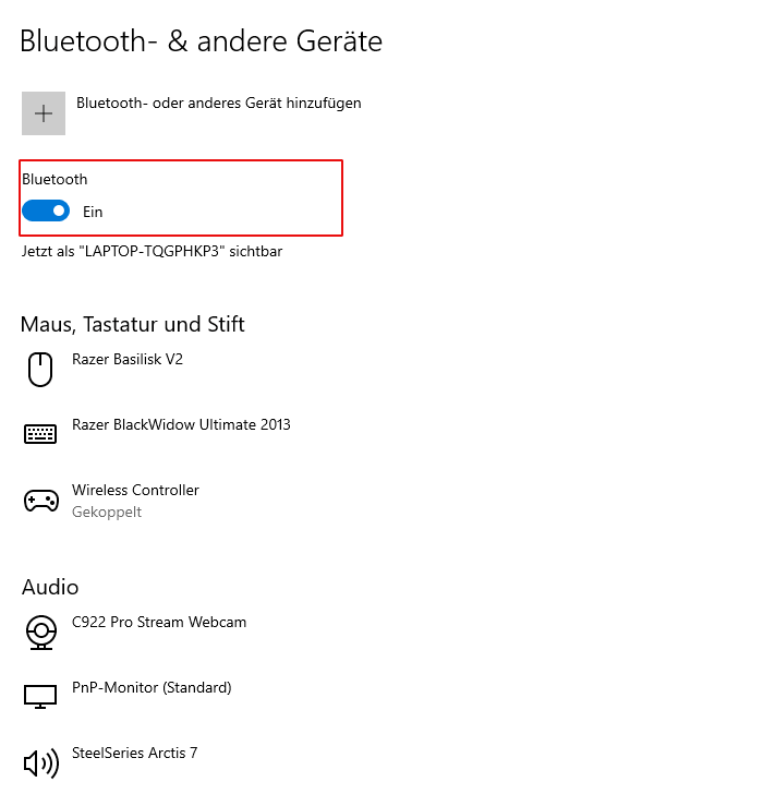 Screenshot der Bluetooth-Einstellungen eines PCs