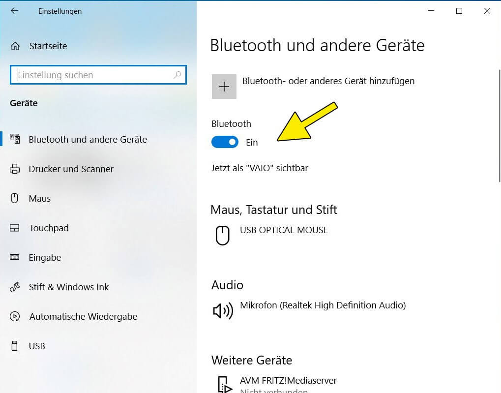 Screenshot Windows 10: Schalter „Ein“ in der Systemeinstellung für Bluetooth-Geräte