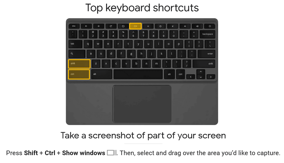 Screenshot vom Chromebook-Simulator mit Foto einer Chromebook-Tastatur und markierten Tasten „Strg“, „Umschalt“ und „Fenster anzeigen“
