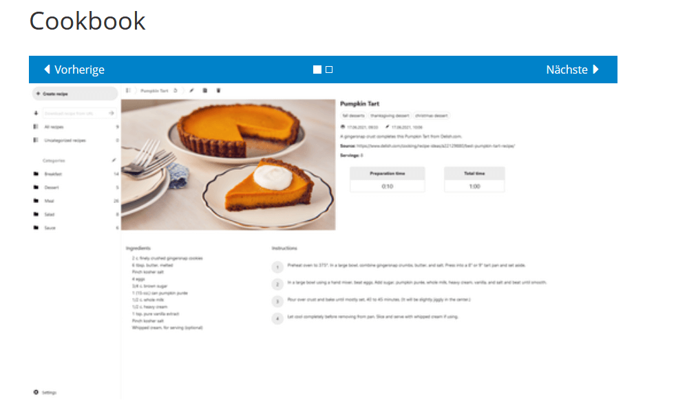 Screenshot der Cookbook App auf der Website von Nextcloud