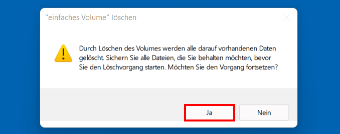 Dialog „Einfaches Volume löschen“ in Windows 11