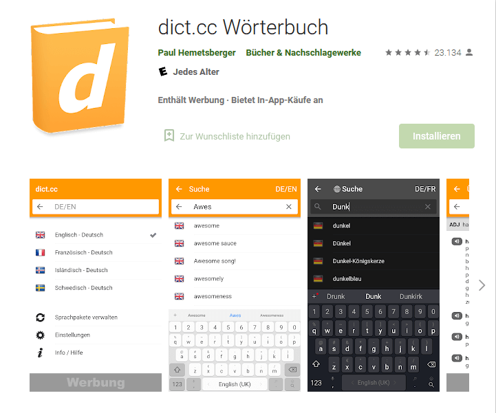 Die dict.cc-Übersetzungs-App im Google Play Store