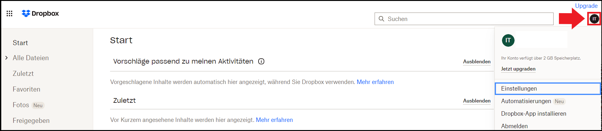 Die Dropbox-Kontoseite des Nutzerprofils