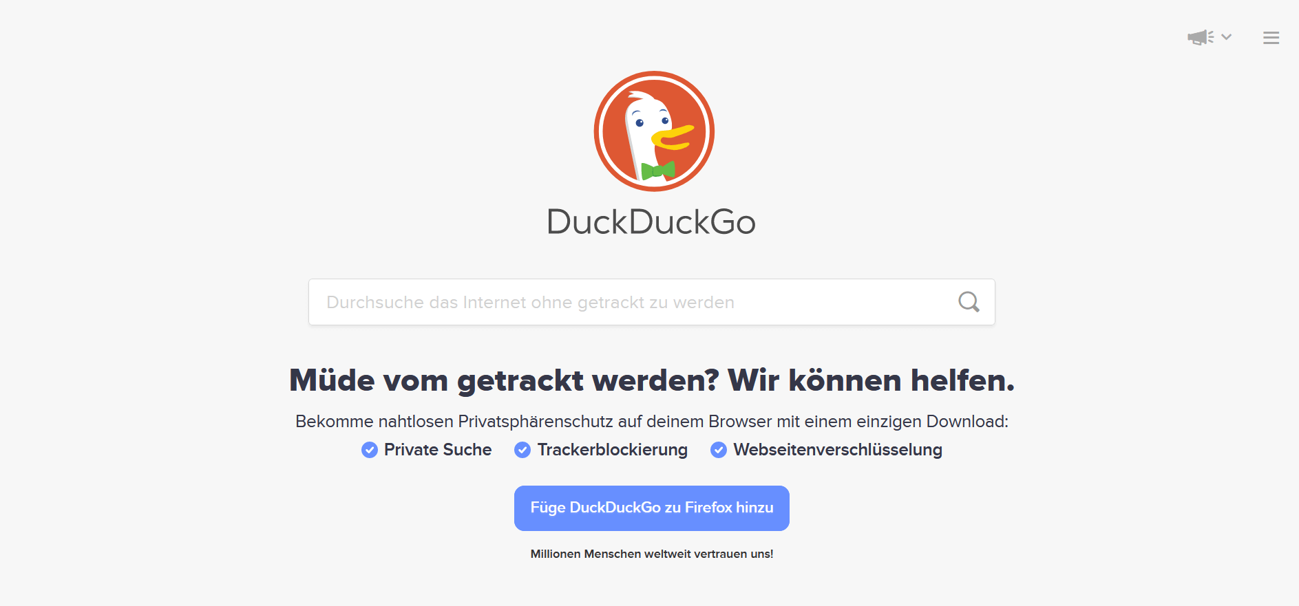 Screenshot der Startseite von DuckDuckGo