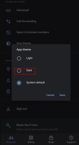 Screenshot der Dunkelmodus-Option bei Android-Geräten