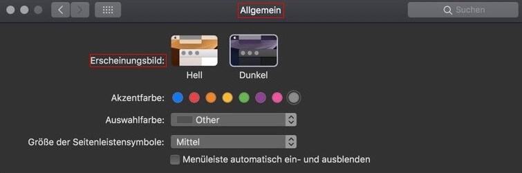 Screenshot der Dunkelmodus-Option für Mac