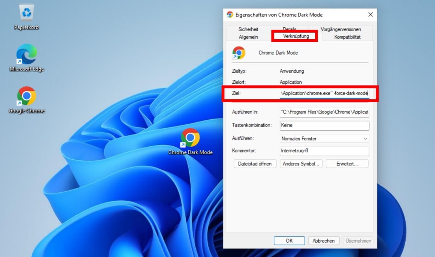 Screenshot des Eigenschaften-Menüs einer Verknüpfung bei Windows 11