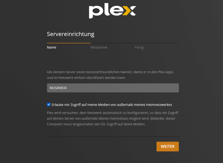 Fenster zum Einrichten des Plex Media Servers