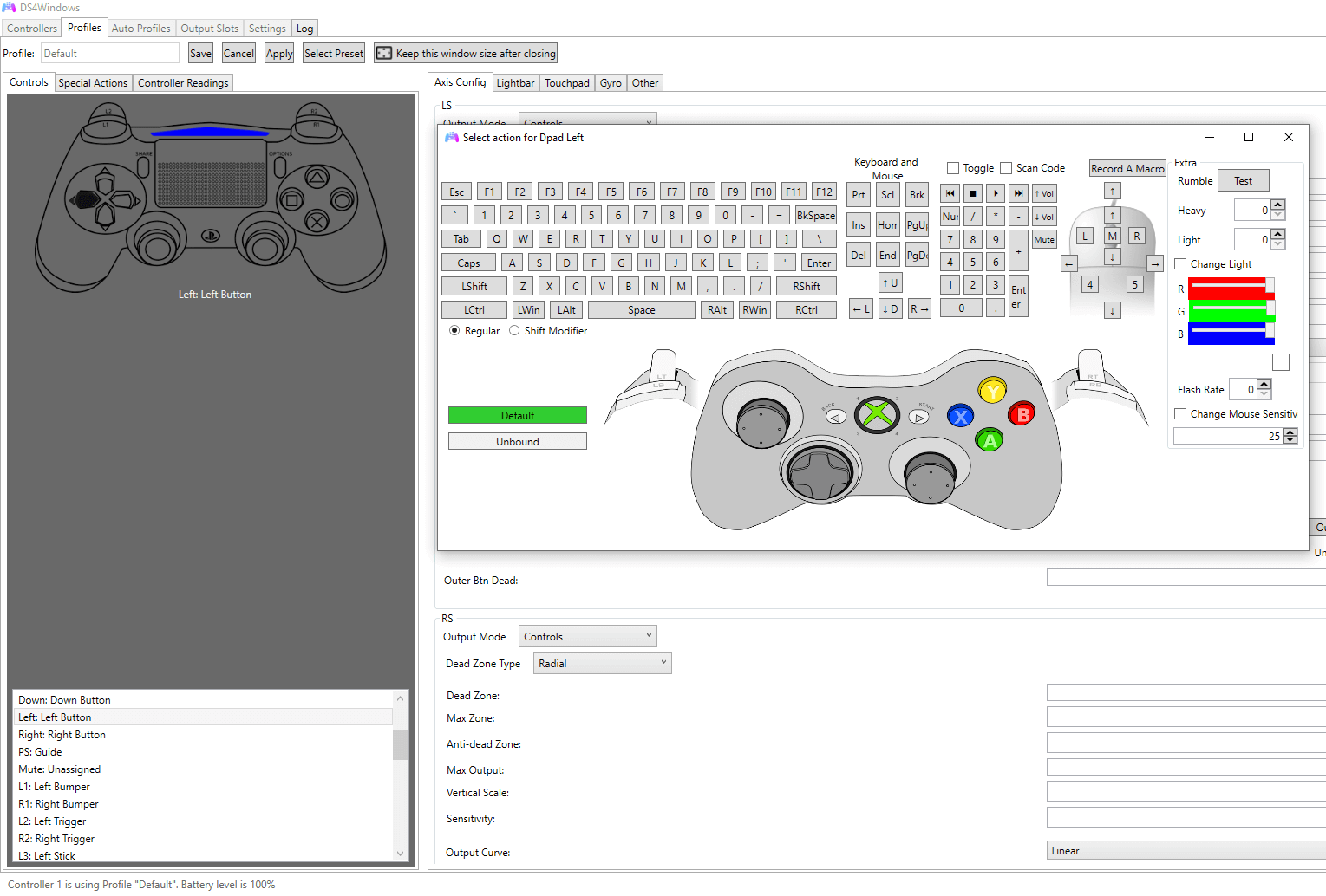 Screenshot Einstellungsmöglichkeiten im DS4-Controller