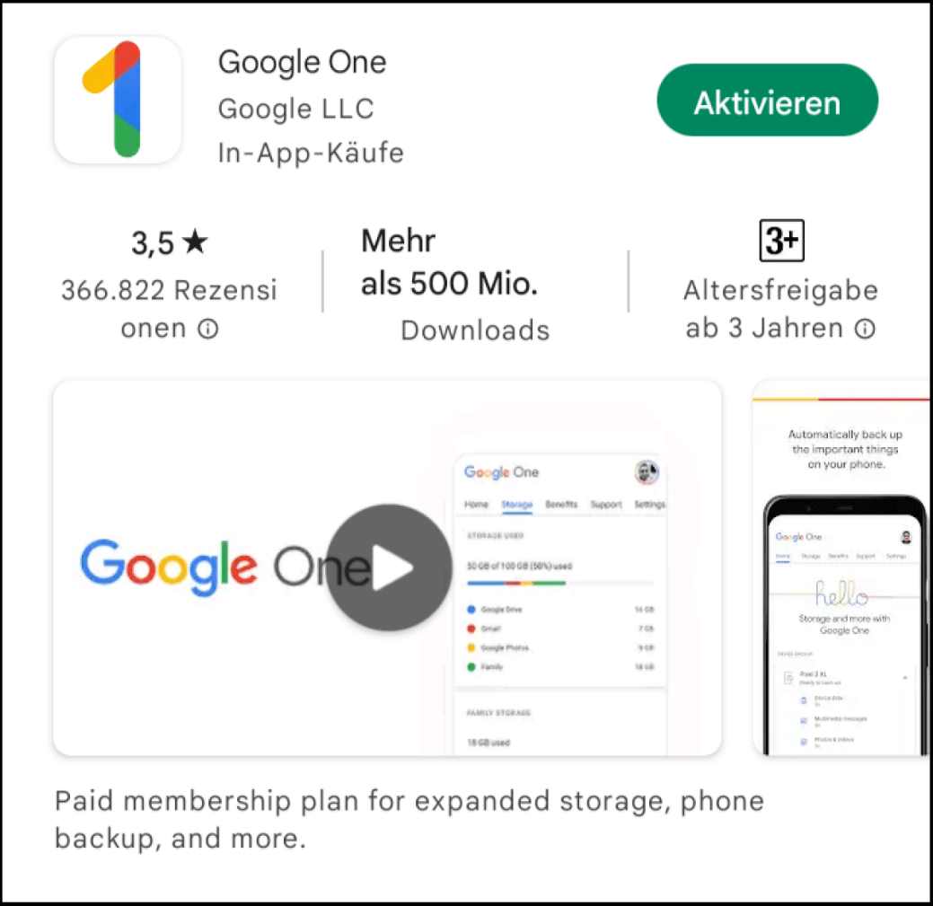 Die Google One App im Google Play Store