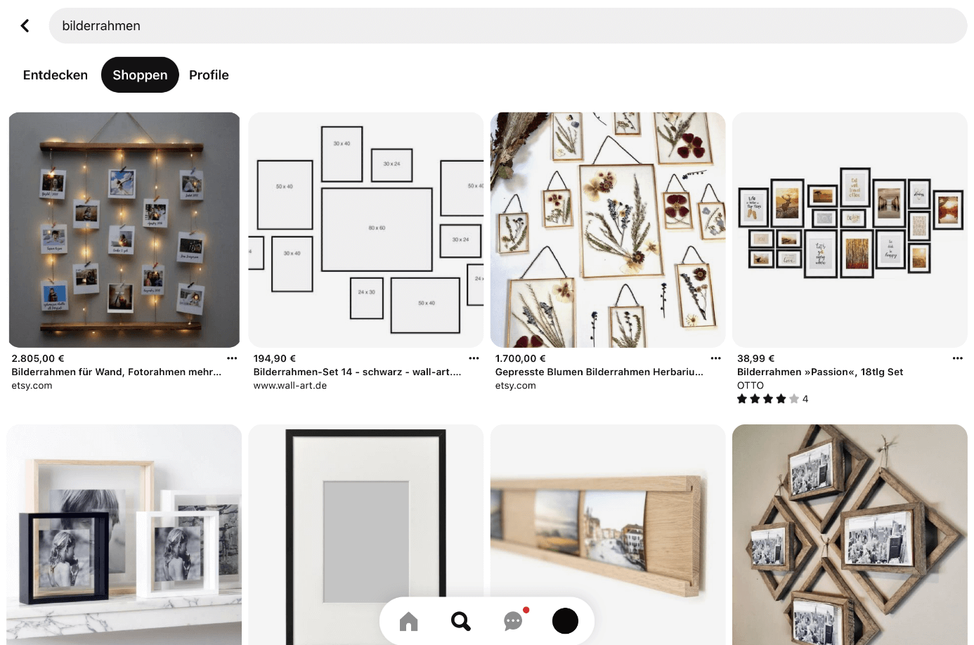 iPad-Screenshot der Pinterest-Shopping-Suche nach „bilderrahmen“