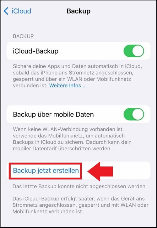 Die iPhone-Backup-Funktion über „Backup jetzt erstellen“