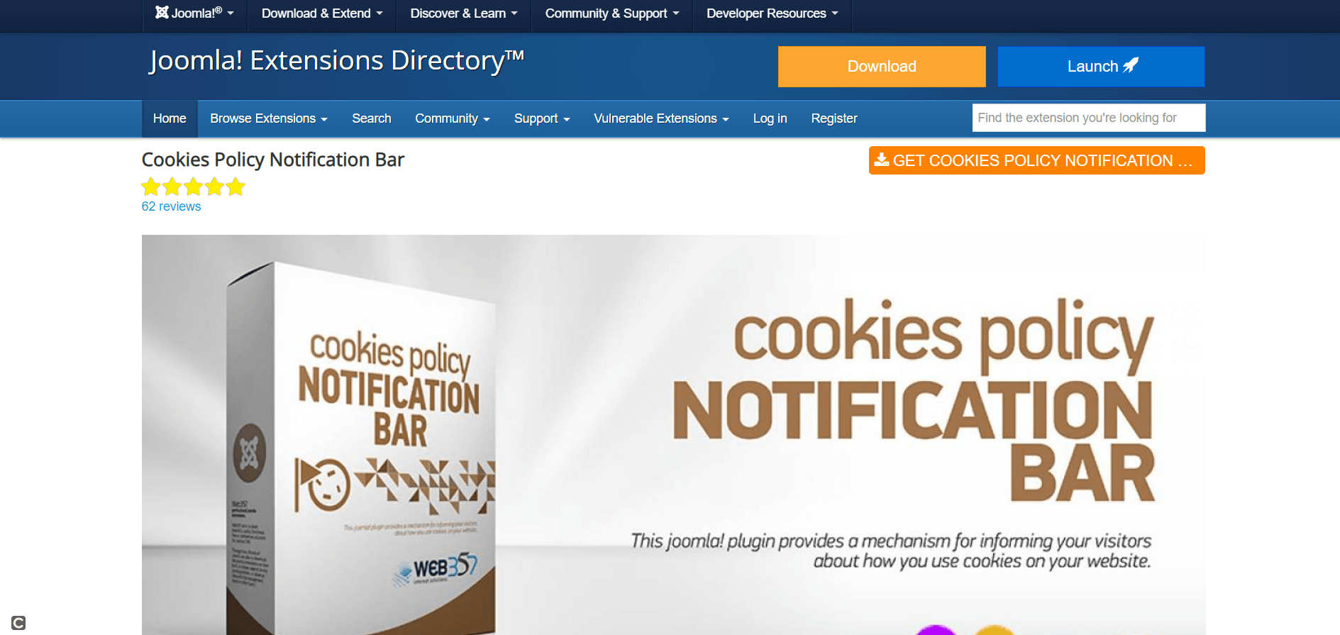 Website-Screenshot der Joomla-Erweiterung Cookies Policy Notification Bar