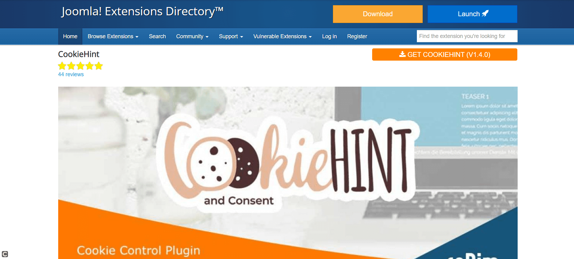 Website-Screenshot der Joomla-Extension CookieHint and Consent