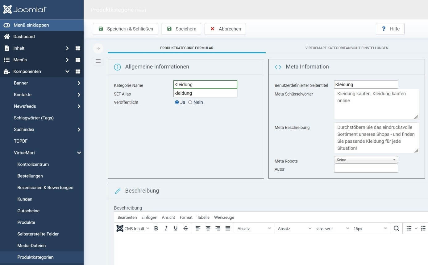Joomla: Onlineshop-Kategorien anlegen mit VirtueMart