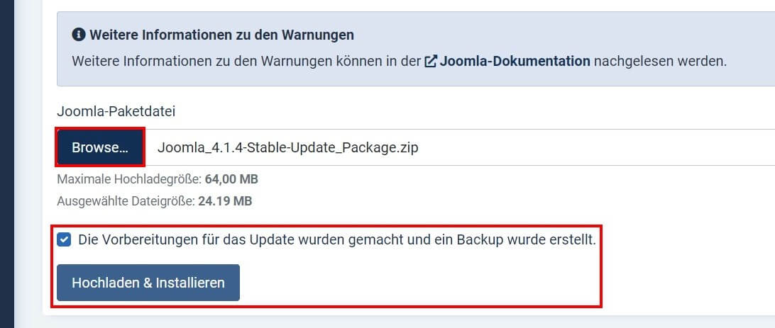 Joomla-Update: Upload der Joomla-Paketdatei im Backend
