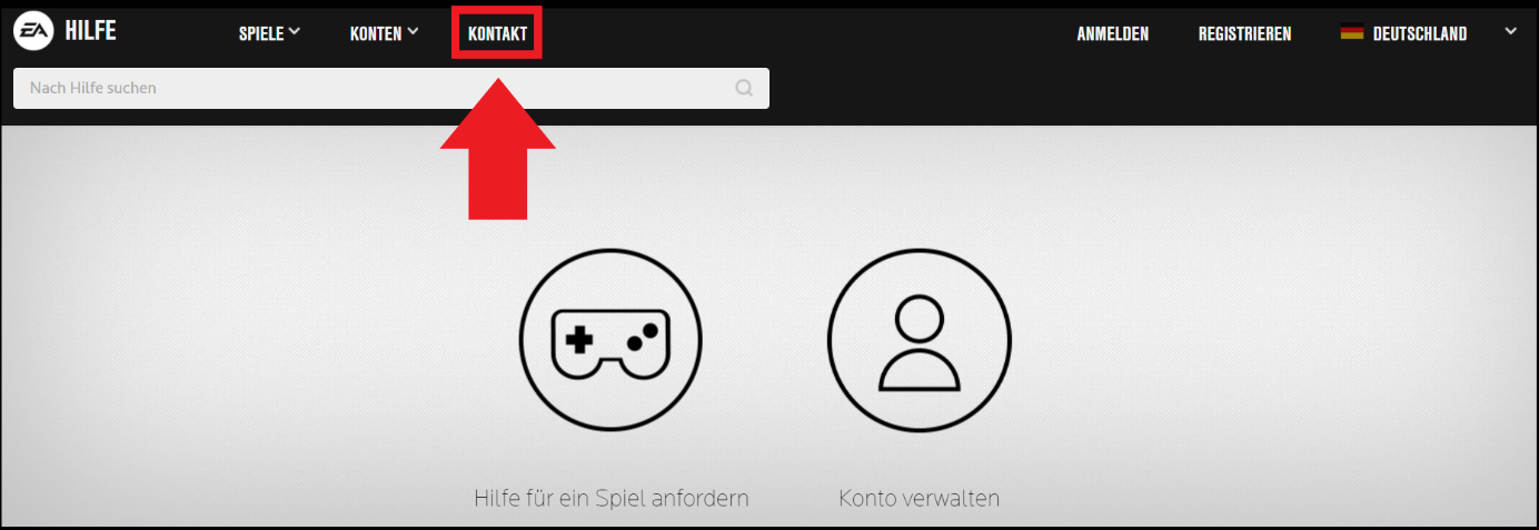 Auf der EA-Help-Seite gelangen Nutzer über den Kontakt-Button zum EA-Support.
