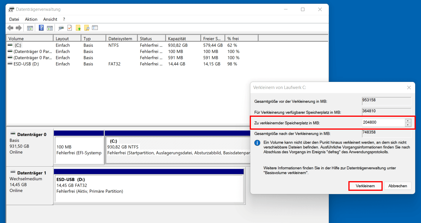 Laufwerk verkleinern in Windows 11