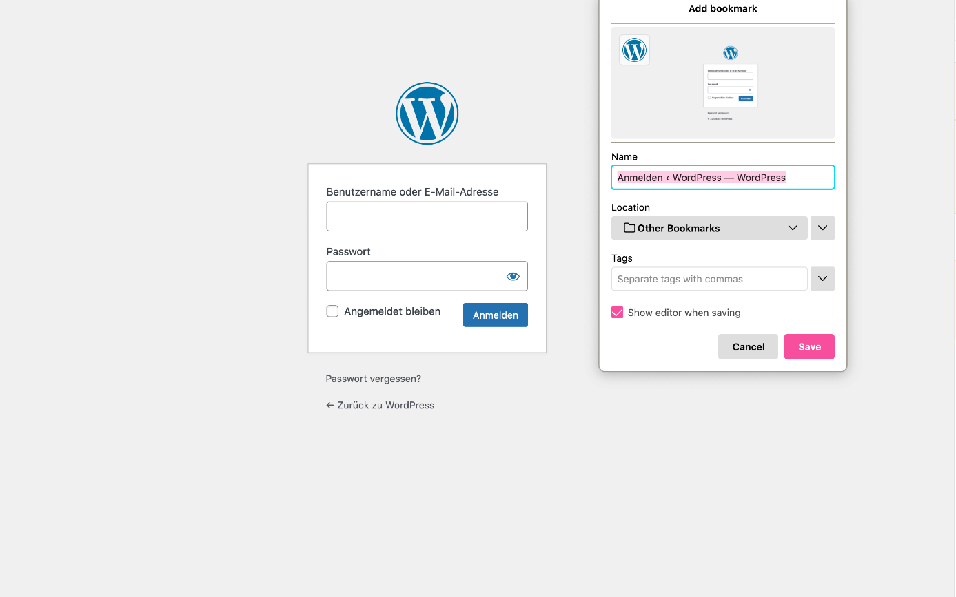 Lesezeichen zur WP-Admin-Login-Seite im Browser setzen