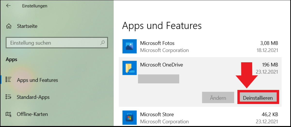 Die Liste mit Apps unter dem Menüpunkt „Apps“ in den Windows-Einstellungen