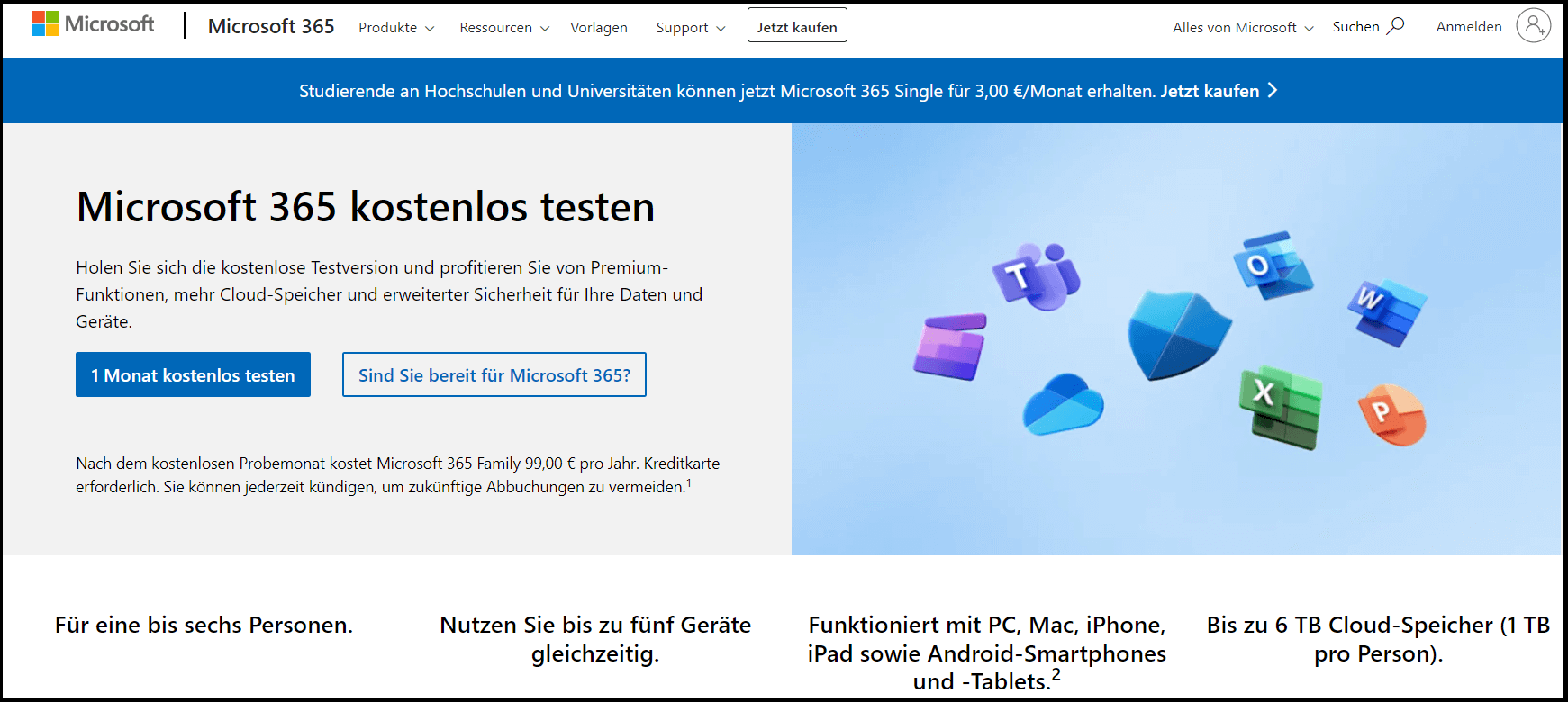 Die Microsoft-Seite mit dem kostenlosen Testangebot für Microsoft 365