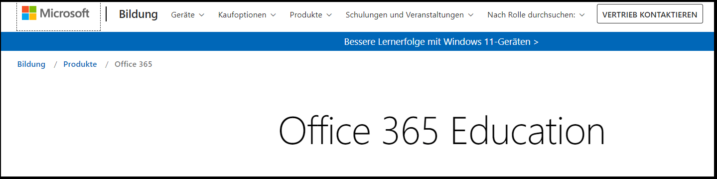 Die Startseite von Microsoft Office 365 Education