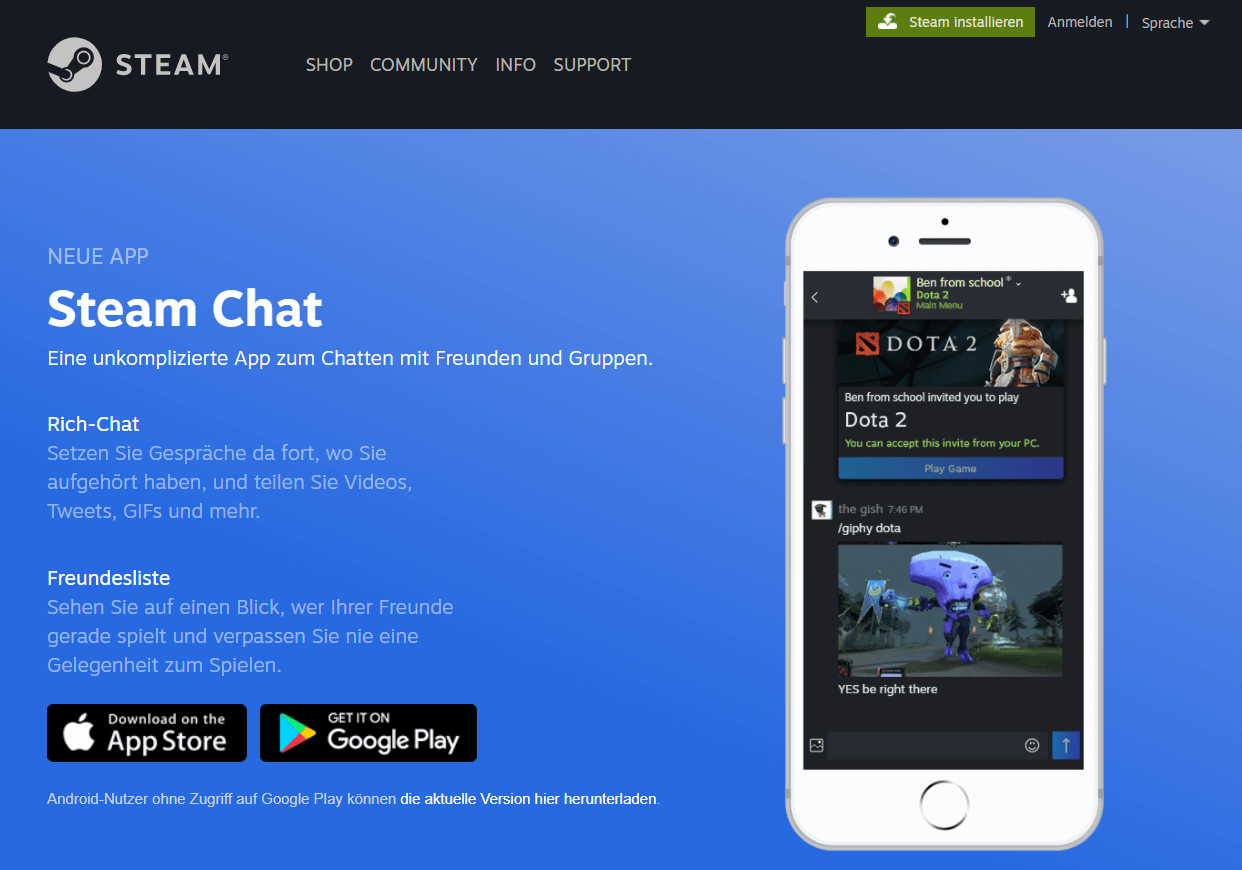 Anzeige für die Mobile-Chat-App auf der Homepage von Steam