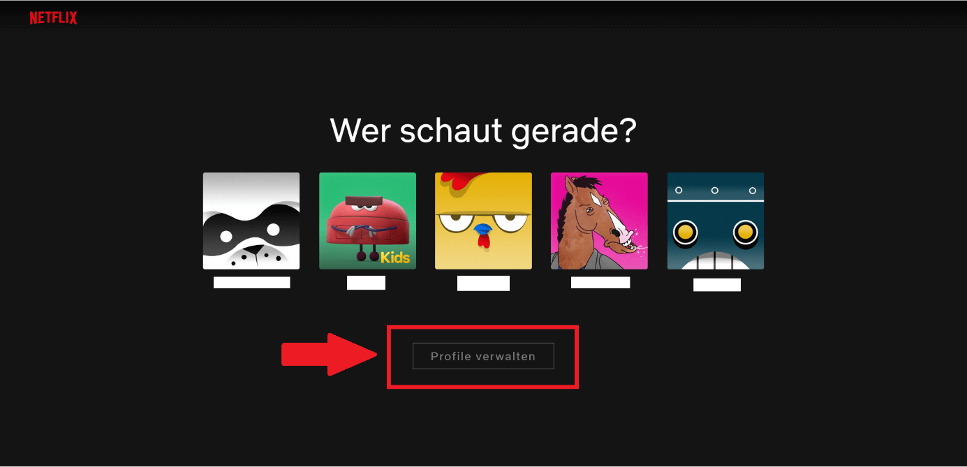 Screenshot der Netflix-Browserversion mit der Option „Profile verwalten“