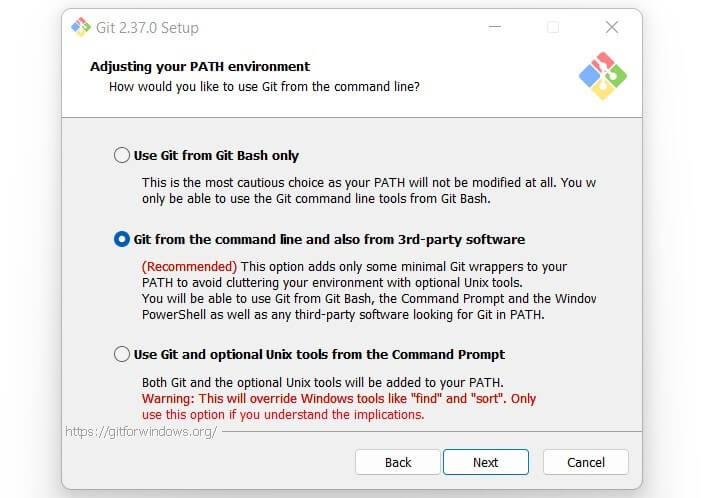 Screenshot der Auswahlkriterien der PATH-Umgebung während der Installation von Git Bash