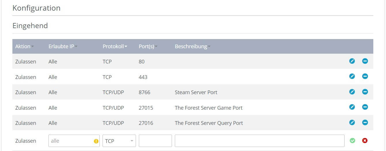 Port-Regeln für den „The Forest“-Dedicated-Server im IONOS Cloud Panel