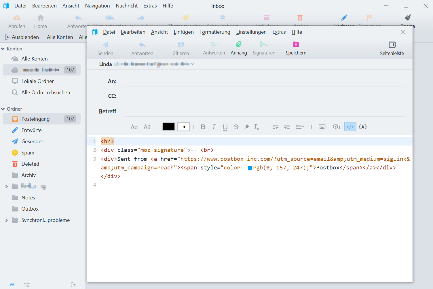 HTML-Modus beim Verfassen einer Mail in Postbox